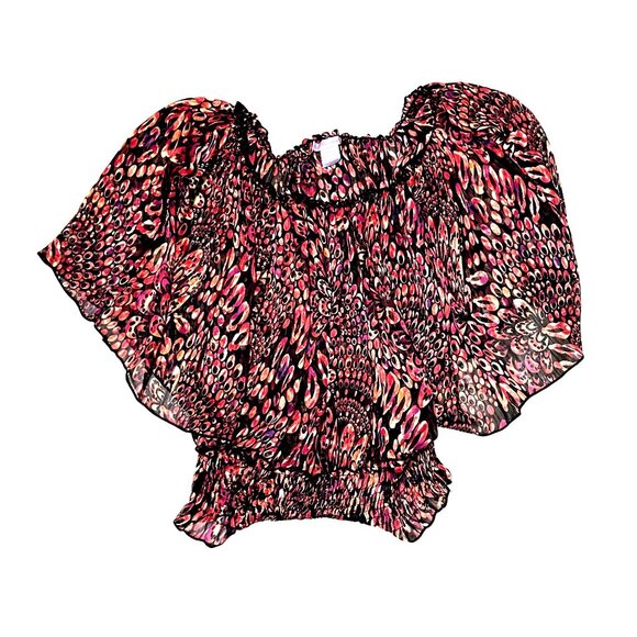 Ultra Pink Medium Sheer Flutter Sleeve Blouse Red Orange Abstract Dot Print Top - Picture 10 of 10